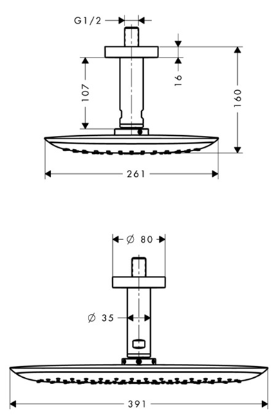 Technical image of Hansgrohe PuraVida 400 Shower Head & Ceiling Arm (390x260, Chrome).