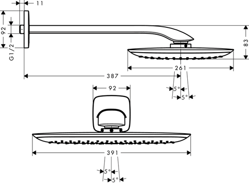 Technical image of Hansgrohe PuraVida 400 Air 1 Jet Shower Head & Wall Arm (390x260mm).