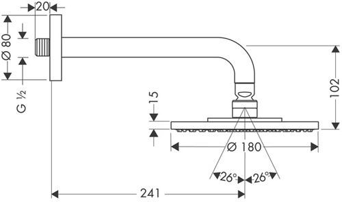 Technical image of Hansgrohe Raindance S 180 Shower Head & Arm (180mm, Chrome).