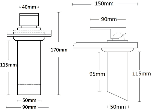 Technical image of Hydra LED Glass Waterfall Basin Tap With LED lights (Chrome).