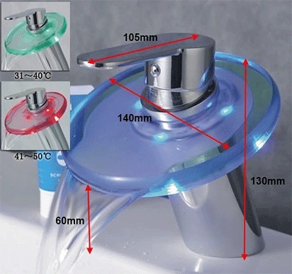 Technical image of Hydra LED Round Glass Waterfall Basin Tap With LED lights (Chrome).