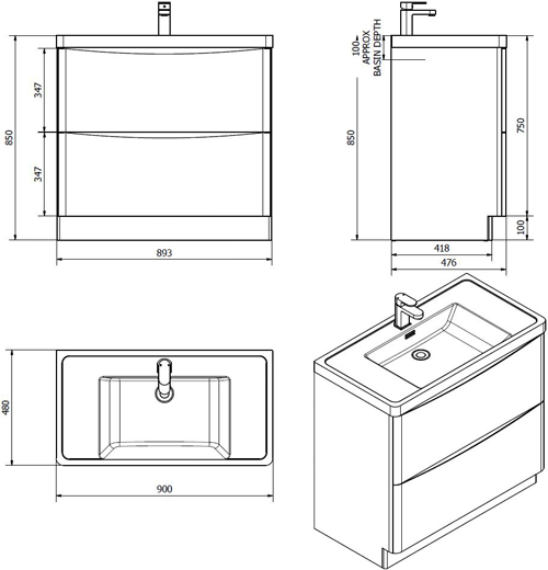 Technical image of Italia Furniture Bali Bathroom Furniture Pack 02 (Chestnut).