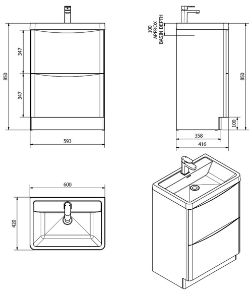 Technical image of Italia Furniture Bali Bathroom Furniture Pack 04 (Gloss White).