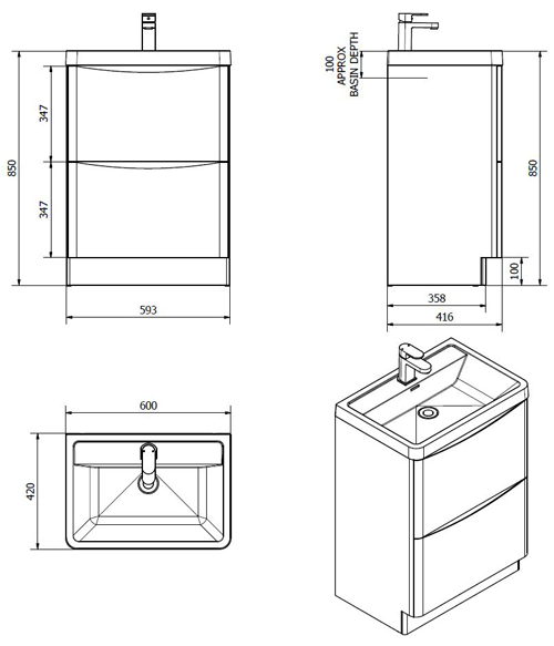 Technical image of Italia Furniture Bali Bathroom Furniture Pack 04 (White Ash).