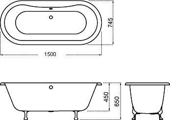 Technical image of Hydra Grosvenor Double Ended Roll Top Bath With Traditional Feet.  1500mm.