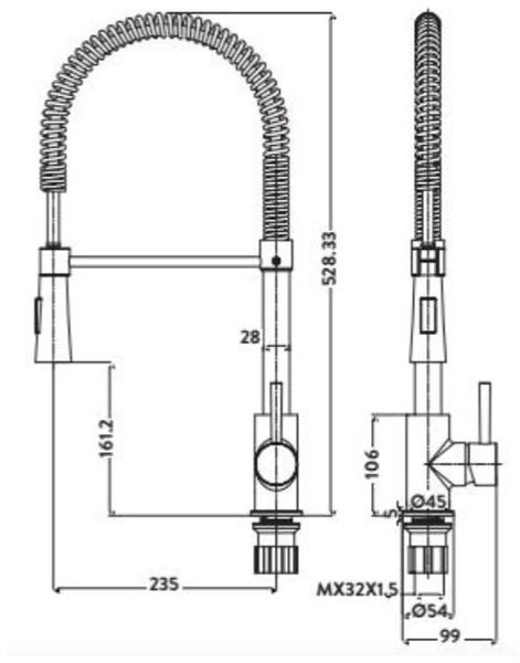 Technical image of Hydra Braga Rinser Kitchen Tap With Swivel Spout (Chrome).