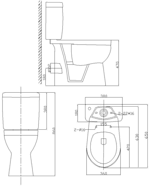 Technical image of Oxford Listra Comfort Height Toilet With Cistern & Soft Close Seat.