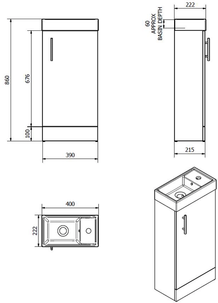 Technical image of Italia Furniture Compact Vanity Unit With Ceramic Basin (Walnut).