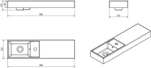 Technical image of Italia Furniture Cube Plus Wall Hung Polymarble Basin With 1 Tap Hole (Reversible).