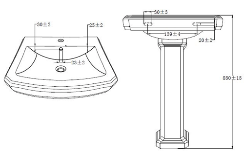 Technical image of Oxford Cromford Traditional Basin & Pedestal (1 Tap Hole).