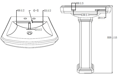 Technical image of Oxford Cromford Traditional Basin & Pedestal (2 Tap Holes).