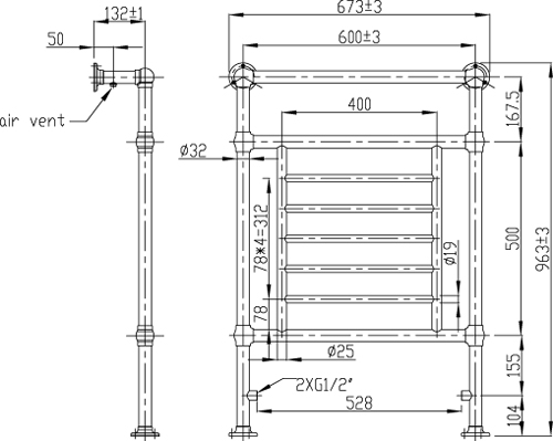 Technical image of Oxford Traditional Towel Radiator 965x673mm (Chrome).