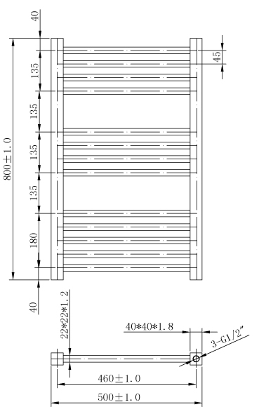 Technical image of Oxford Talon Straight Towel Radiator 800x500mm (Chrome).