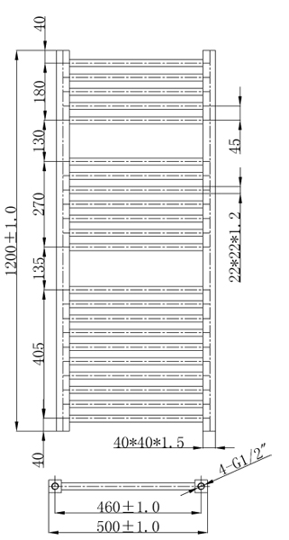 Technical image of Oxford Talon Straight Towel Radiator 1200x500mm (Chrome).