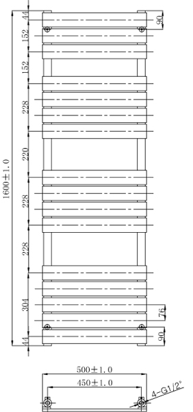 Technical image of Oxford Swift Heated Towel Radiator 1600x500mm (Chrome).