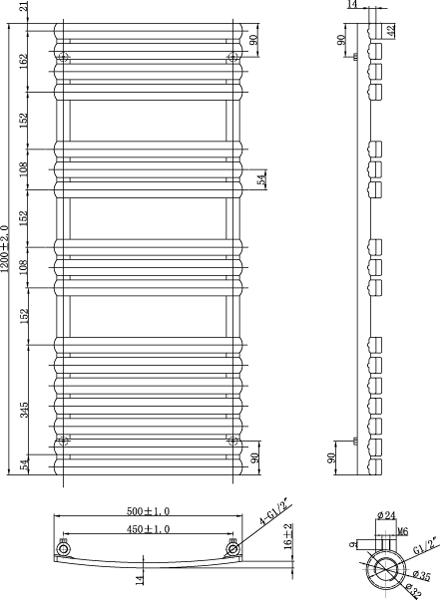 Technical image of Oxford Orchid Towel Radiator 1200x500mm (White).