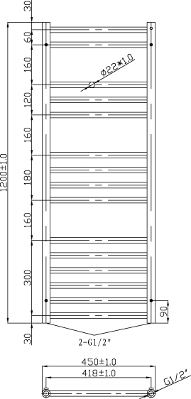 Technical image of Oxford Luxe Towel Radiator 1200x450mm (Stainless Steel).