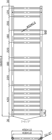 Technical image of Oxford Luxe Towel Radiator 1600x450mm (Stainless Steel).