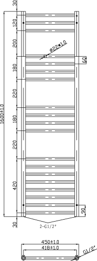 Technical image of Oxford Luxe Towel Radiator 1600x450mm (Stainless Steel).