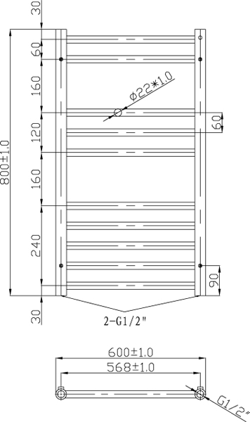 Technical image of Oxford Luxe Towel Radiator 800x600mm (Stainless Steel).