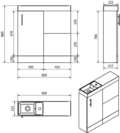 Technical image of Italia Furniture Cube Plus Pack With White Vanity, BTW Unit & Basin (RH).