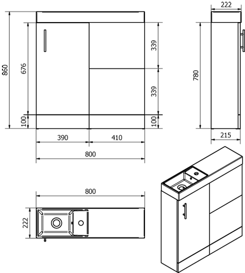 Technical image of Italia Furniture Cube Plus Pack With Oak Vanity, BTW Unit & Basin (LH).