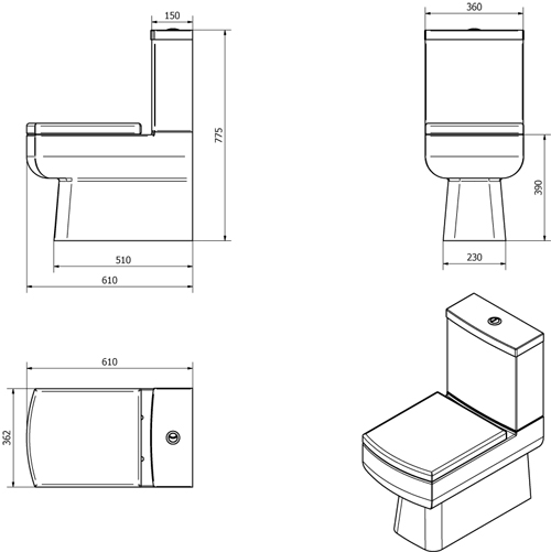 Technical image of Oxford Daisy Lou Suite With Flush To Wall Toilet, Seat, Basin & Full Pedestal.