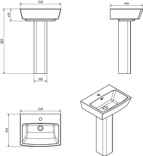 Technical image of Oxford Daisy Lou Suite With Comfort Height Toilet, Seat, Basin & Full Pedestal.