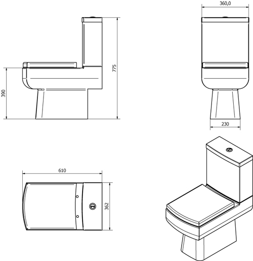 Technical image of Oxford Daisy Lou Suite With Close Coupled Toilet, Seat, Basin & Full Pedestal.