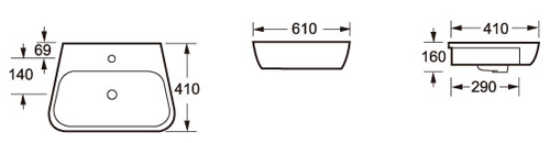 Technical image of Oxford Dearne Semi Recessed Basin (1 Tap Hole).