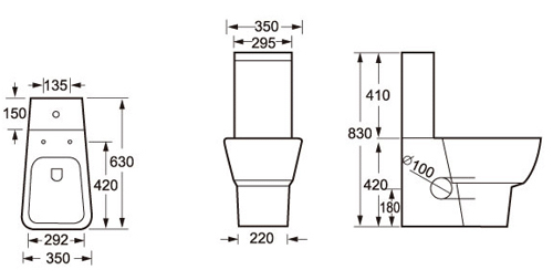 Technical image of Oxford Dearne Close Coupled Toilet With Cistern & Wrapover Seat (WRAS).