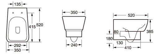 Technical image of Oxford Dearne Wall Hung Toilet Pan & Wrapover Seat.