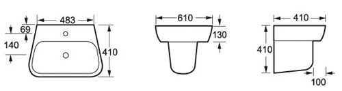 Technical image of Oxford Dearne Basin & Semi Pedestal (1 Tap Hole).