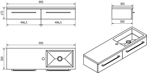 Technical image of Italia Furniture 1000mm Vanity Unit With Drawer & Basin (Black Ash).