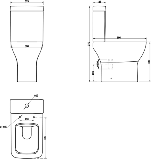 Technical image of Oxford Fair Close Coupled Toilet With Cistern & Wrapover Seat (WRAS).