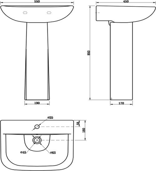 Technical image of Oxford Fair Bathroom Suite With Toilet, Slimline Seat, Basin & Pedestal.