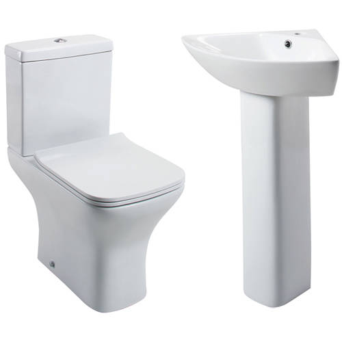 Larger image of Oxford Fair Bathroom Suite, Toilet, Slimline Seat, Corner Basin & Pedestal.