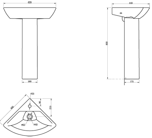 Technical image of Oxford Fair Bathroom Suite, Corner Toilet, Seat, Corner Basin & Pedestal.