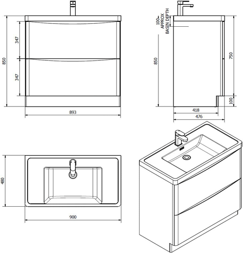 Technical image of Italia Furniture 900mm Vanity Unit With Basin (White Ash).