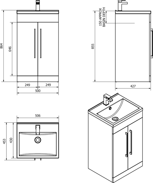 Technical image of Italia Furniture 500mm Vanity Unit With White Basin (Gloss White).