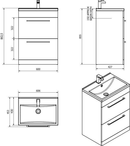 Technical image of Italia Furniture 600mm Vanity Unit With Drawers & White Basin (Black).