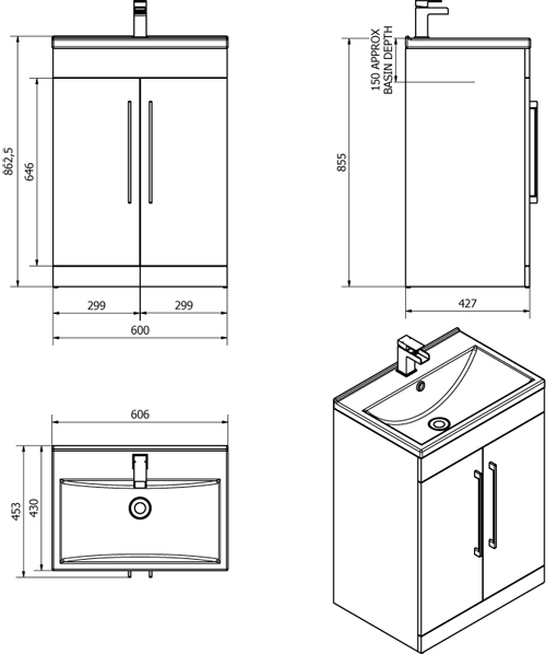 Technical image of Italia Furniture 600mm Vanity Unit With Drawers & White Basin (Grey).