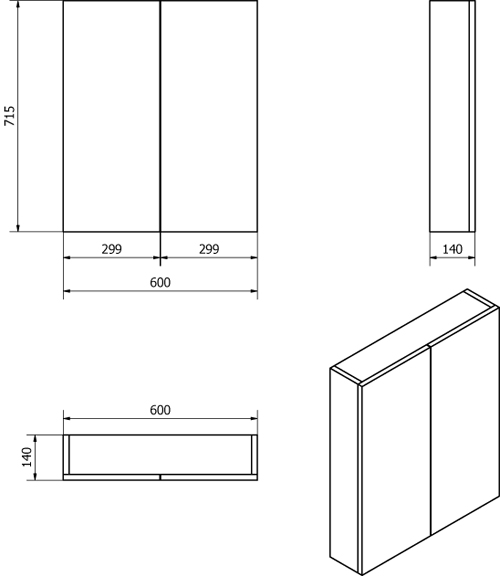 Technical image of Italia Furniture 2 Door Mirror Bathroom Cabinet 600mm (Black).