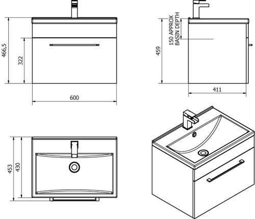 Technical image of Italia Furniture 600mm Vanity Unit With Drawer & White Basin (Black).