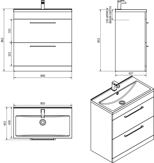 Technical image of Italia Furniture 800mm Vanity Unit With Drawers & White Basin (Black).