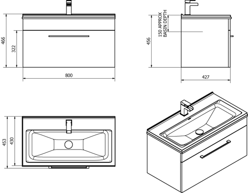 Technical image of Italia Furniture 800mm Vanity Unit With Drawer & White Basin (Gloss White).