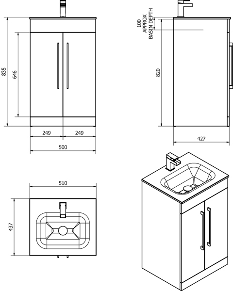 Technical image of Italia Furniture 500mm Vanity Unit With Black Glass Basin (Gloss White).