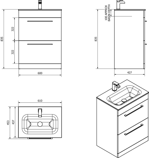 Technical image of Italia Furniture 600mm Vanity Unit With Drawers & Black Basin (Gloss White).