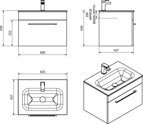 Technical image of Italia Furniture 600mm Vanity Unit With Drawer & Black Basin (Gloss White).