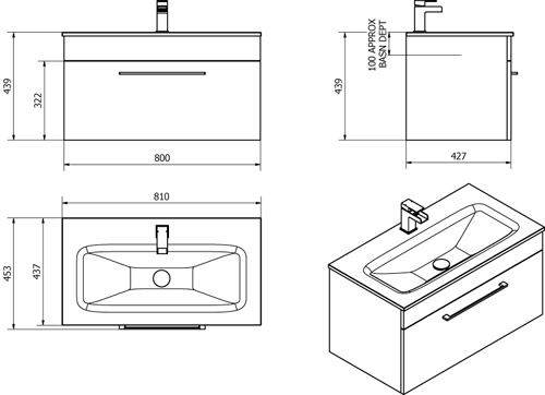 Technical image of Italia Furniture 800mm Vanity Unit With Drawer & Black Basin (Gloss White).